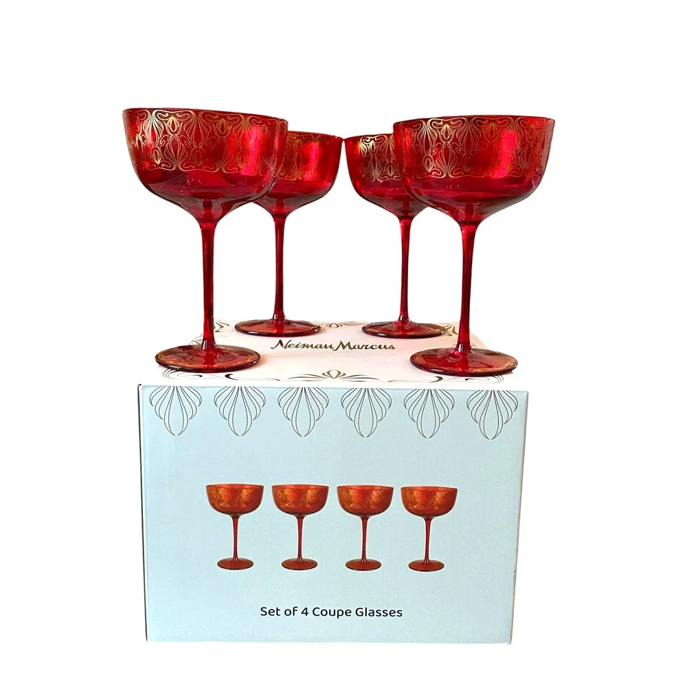 NEIMAN MARCUS Holiday Coupe Glass Set of 4 Red and Gold 6 oz in Gift Box New